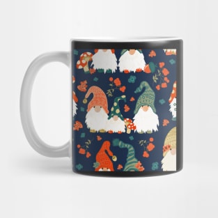 Autumn Gnomes with Long White Beards and Knitted Hats on Blue Background Mug